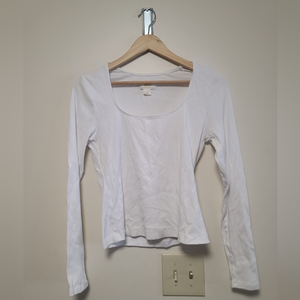 Maeve Anthropologie White Ribbed Scoop Neck Top Large